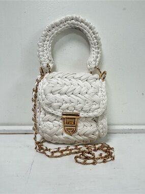 Stefanel White Woven Mini Bag Braided Top Handle Gold Chain Hardware Crossbody